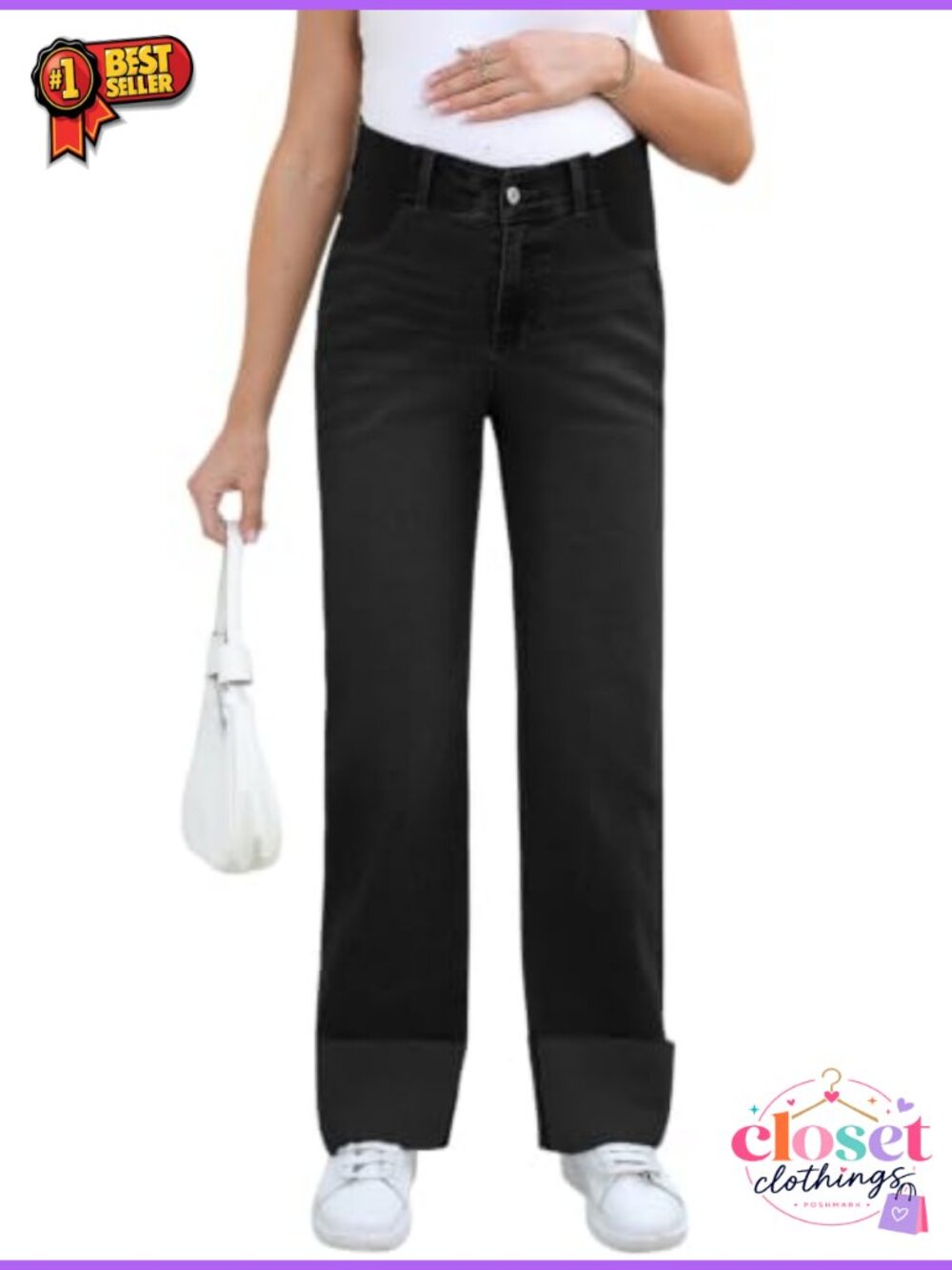 Maternity Jeans Stretchy High Waisted Cuffed Wide Leg Denim Pants